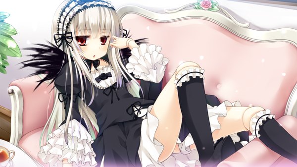 Anime picture 1920x1080 with rozen maiden suigintou asa (swallowtail) single long hair looking at viewer blush highres open mouth red eyes wide image white hair loli lolita fashion goth-loli girl dress wings socks frills
