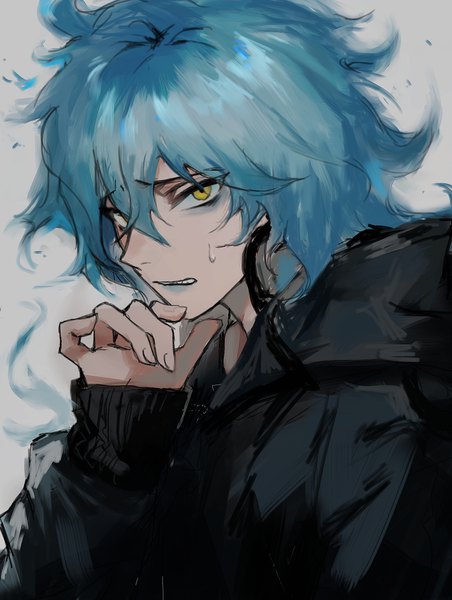 Anime picture 2864x3800 with twisted wonderland idia shroud suechiee single long hair tall image fringe highres simple background hair between eyes yellow eyes blue hair upper body long sleeves grey background lipstick sleeves past wrists sweatdrop blue lipstick boy
