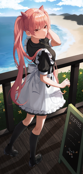 Anime picture 2881x6000 with original yeorem single long hair tall image looking at viewer blush fringe highres hair between eyes standing twintails pink hair sky cloud (clouds) full body outdoors pink eyes arm up from above