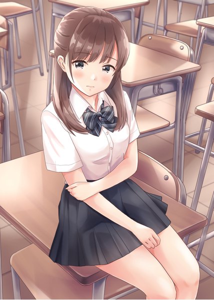 Anime picture 1024x1437 with original yukimaru217 single long hair tall image looking at viewer blush fringe breasts brown hair sitting indoors blunt bangs pleated skirt short sleeves grey eyes depth of field striped half updo classroom