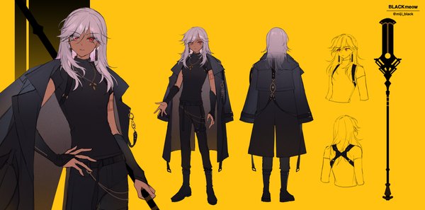 Anime picture 4040x2000 with genshin impact cyno (genshin impact) miji black single long hair looking at viewer fringe highres simple background red eyes wide image standing silver hair hair over one eye alternate costume hand on hip dark skin multiview yellow background clothes on shoulders