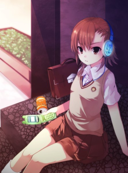 Anime picture 965x1302 with to aru kagaku no railgun to aru majutsu no index j.c. staff misaka mikoto hase neet single tall image looking at viewer short hair brown hair sitting brown eyes girl skirt uniform school uniform headphones vest school bag phone