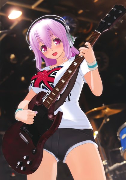 Anime picture 4869x6960 with nitroplus super sonico tsuji santa single long hair tall image blush highres open mouth red eyes pink hair absurdres girl shorts headphones guitar wristlet