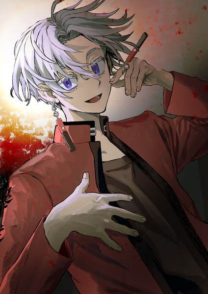 Anime picture 2480x3508 with tokyo revengers kurokawa izana lumian (user lomen) single tall image looking at viewer highres short hair open mouth purple eyes silver hair upper body :d boy earrings