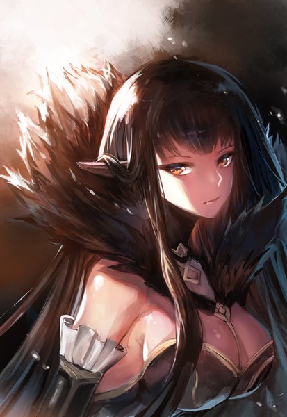 Anime picture 868x1259 with fate (series) fate/apocrypha semiramis (fate) huamuan huamuan single long hair tall image looking at viewer fringe breasts light erotic black hair simple background large breasts brown eyes payot cleavage upper body pointy ears fur trim