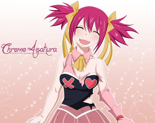 Anime picture 2500x1988 with fairy tail blendy shelia chrome asakura single blush fringe highres short hair open mouth smile hair between eyes twintails payot pink hair eyes closed inscription coloring torn clothes short twintails ^ ^