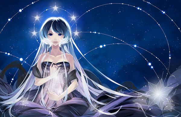 Anime picture 1280x828 with original zetallis single long hair fringe purple eyes bare shoulders blue hair night night sky sleeveless girl dress star (symbol) star (stars) halo shawl