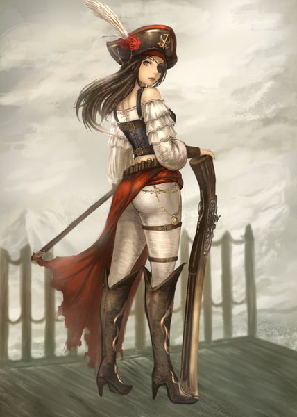 Anime picture 1700x2380 with original yazuwo single tall image looking at viewer black hair green eyes looking back lips high heels mountain girl weapon hat gun eyepatch knee boots