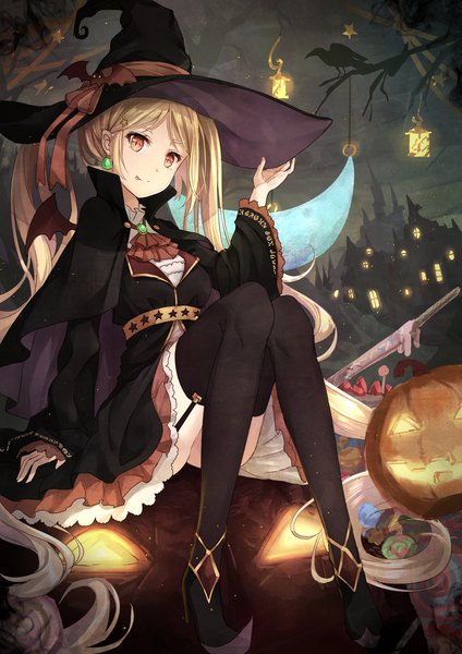 Anime picture 2893x4092 with original rin yuu single tall image looking at viewer fringe highres blonde hair sitting twintails full body bent knee (knees) very long hair night wide sleeves arm support orange eyes halloween :p slit pupils