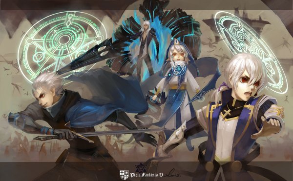 Anime picture 1200x742 with original pixiv fantasia axis (artist) long hair short hair open mouth red eyes wide image silver hair ponytail pointy ears magic group boy weapon sword armor cross magic circle