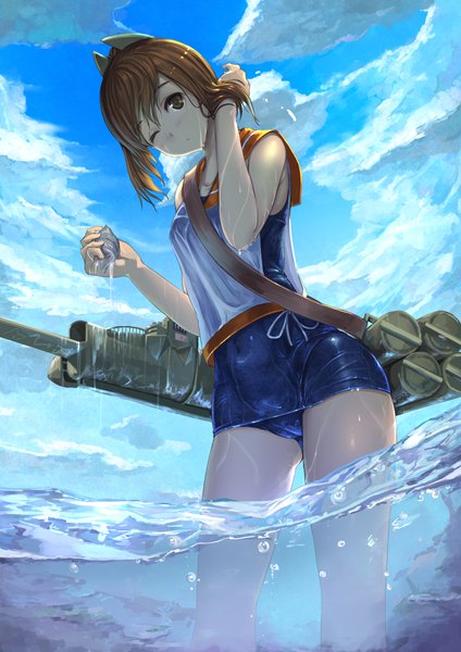 Anime picture 868x1228 with kantai collection i-401 aircraft carrying submarine koruse single tall image blush short hair light erotic brown hair brown eyes sky cloud (clouds) one eye closed wink girl weapon swimsuit water