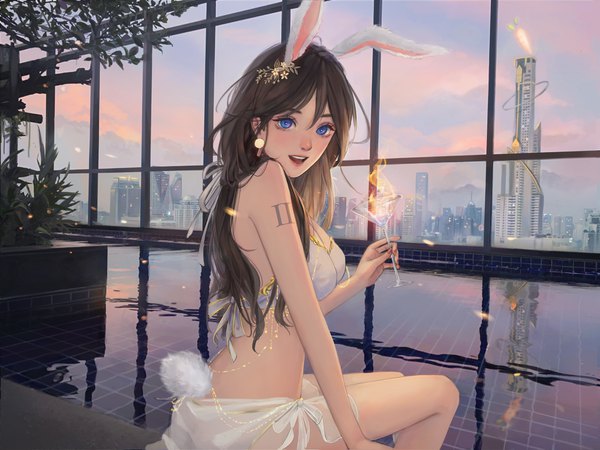 Anime picture 4000x3000 with original sornja single long hair looking at viewer fringe highres breasts open mouth blue eyes light erotic smile hair between eyes brown hair sitting holding animal ears absurdres sky indoors