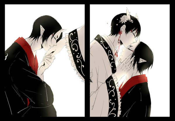 Anime picture 1315x916 with hoozuki no reitetsu wit studio hoozuki (hoozuki no reitetsu) hakutaku (hoozuki no reitetsu) wusagi short hair black hair white background eyes closed traditional clothes profile hair flower horn (horns) pointy ears multiple boys couple hug holding hands monochrome multiview