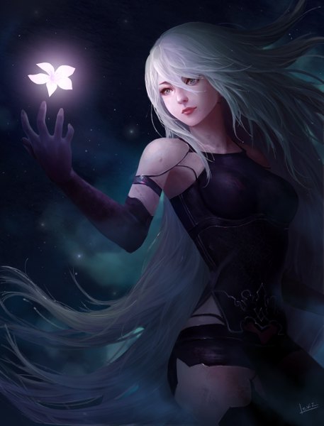 Anime picture 3858x5065 with nier nier:automata yorha type a no. 2 renlewiz single tall image fringe highres breasts blue eyes light erotic hair between eyes bare shoulders signed looking away absurdres cloud (clouds) white hair very long hair night