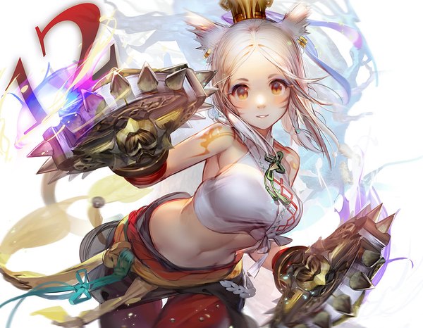 Anime picture 1000x777 with final fantasy final fantasy xiv square enix miqo'te liduke single long hair looking at viewer breasts simple background smile large breasts standing white background bare shoulders brown eyes animal ears white hair tail braid (braids)
