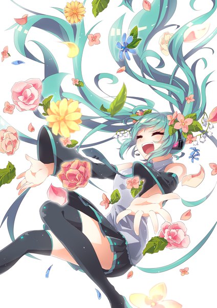 Anime picture 3306x4676 with vocaloid hatsune miku kozakura (dictionary) single long hair tall image highres open mouth white background twintails absurdres eyes closed hair flower aqua hair wide sleeves happy girl thighhighs skirt flower (flowers)