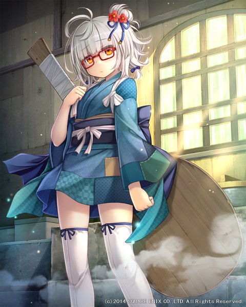 Anime picture 1800x2250 with lost crusade square enix namaru (summer dandy) tall image highres short hair standing silver hair traditional clothes japanese clothes official art orange eyes girl thighhighs glasses tasuki oar paddle