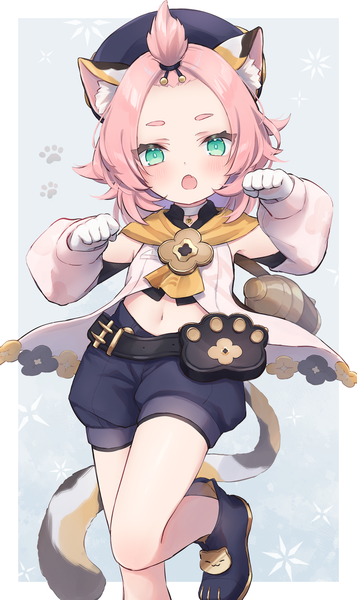 Anime picture 1773x2978 with genshin impact diona (genshin impact) shano hiyori single tall image looking at viewer blush highres short hair open mouth standing green eyes animal ears pink hair tail animal tail cat ears bare belly :o cat girl