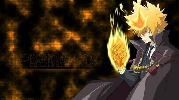 Anime picture 1920x1080 with katekyou hitman reborn vongola primo giotto single highres short hair blonde hair wide image inscription orange eyes looking down sad boy gloves necktie cloak suit fire flame