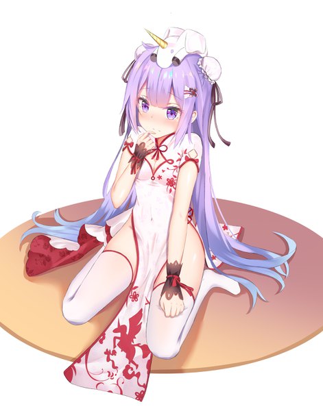 Anime picture 2480x3154 with azur lane unicorn (azur lane) unicorn (spring's present) (azur lane) mobu (wddtfy61) single long hair tall image looking at viewer blush fringe highres light erotic simple background hair between eyes white background sitting purple eyes payot cleavage purple hair