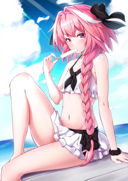 Anime picture 1020x1443 with fate (series) fate/apocrypha astolfo (fate) takatun223 single long hair tall image looking at viewer blush light erotic sitting bare shoulders holding pink hair sky cloud (clouds) bent knee (knees) outdoors braid (braids) pink eyes