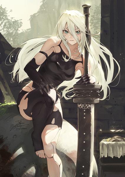 Anime picture 1061x1500 with nier nier:automata yorha type a no. 2 fadingz single long hair tall image looking at viewer blush fringe breasts hair between eyes sitting bare shoulders holding payot silver hair bent knee (knees) outdoors parted lips