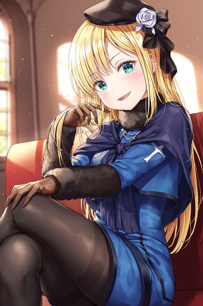 Anime picture 900x1356 with fate (series) lord el-melloi ii case files reines el-melloi archisorte r o ha single long hair tall image looking at viewer blush fringe open mouth blonde hair smile sitting indoors long sleeves head tilt arm up aqua eyes sunlight