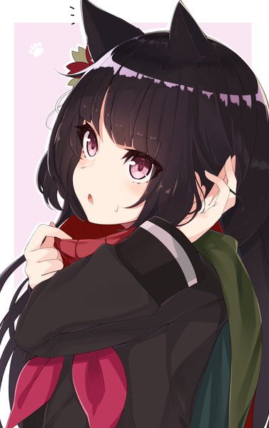 Anime picture 2288x3640 with girls frontline type 100 (girls frontline) j young single long hair tall image blush fringe highres open mouth black hair simple background purple eyes animal ears looking away upper body blunt bangs long sleeves hair flower :o