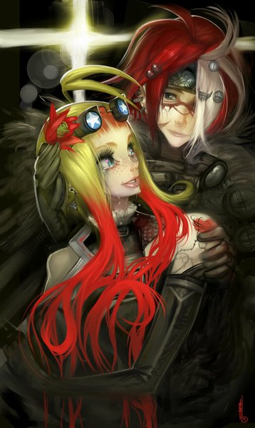 Anime picture 600x1005 with original elsevilla long hair tall image fringe blonde hair smile bare shoulders white hair red hair very long hair multicolored hair aqua eyes hair over one eye grey eyes tattoo couple hug light face paint