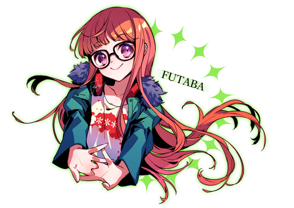 Anime picture 2046x1447 with persona 5 persona sakura futaba shimogu single long hair looking at viewer fringe highres simple background smile white background purple eyes signed upper body orange hair character names girl glasses