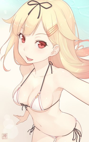 Anime picture 720x1152 with kantai collection yuudachi destroyer dan (kumadan) single long hair tall image looking at viewer blush fringe open mouth light erotic blonde hair smile red eyes bare shoulders signed from above wind teeth bare belly