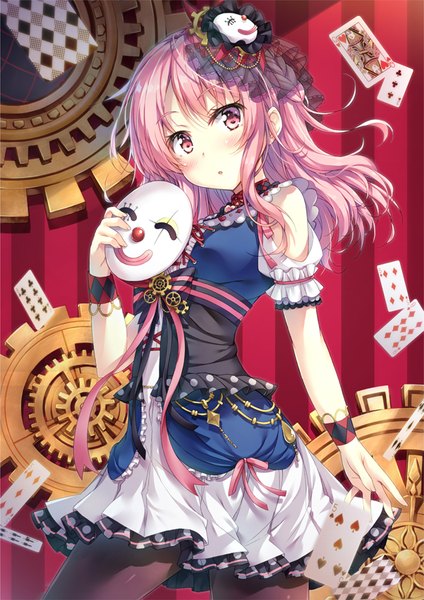 Anime picture 601x850 with bang dream! vocaloid karakuri pierrot (vocaloid) maruyama aya tomo wakui single long hair tall image looking at viewer blush fringe open mouth red eyes standing holding payot pink hair braid (braids) head tilt :o