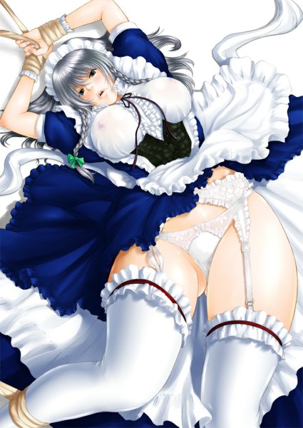 Anime picture 709x1000 with touhou izayoi sakuya tyno single long hair tall image looking at viewer blush breasts blue eyes light erotic large breasts silver hair lips maid erect nipples covered nipples girl thighhighs uniform