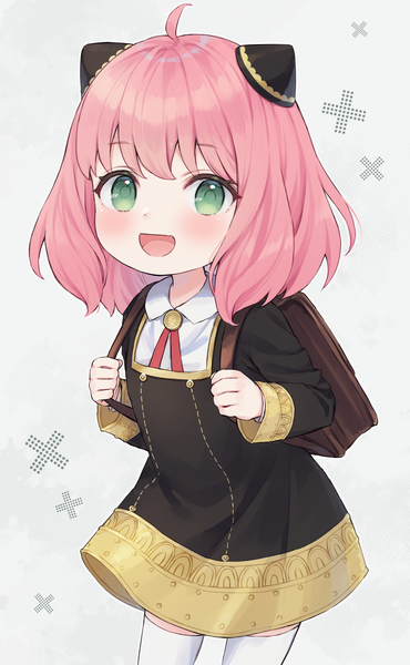 Anime picture 1479x2398 with spy x family anya (spy x family) shano hiyori single tall image looking at viewer blush short hair open mouth green eyes pink hair ahoge :d grey background girl thighhighs uniform school uniform white thighhighs backpack