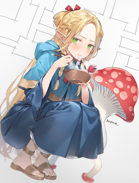 Anime picture 1367x1800 with dungeon meshi studio trigger marcille donato walking mushroom (dungeon meshi) mmu single long hair tall image looking at viewer blush blonde hair green eyes full body pointy ears squat half updo eating girl sandals chopsticks