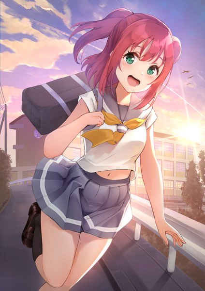Anime picture 849x1200 with love live! sunshine!! sunrise (studio) love live! kurosawa ruby cowengium single tall image short hair open mouth green eyes sky cloud (clouds) red hair :d pleated skirt two side up evening running girl skirt