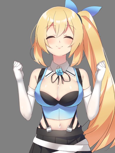 Anime picture 900x1200 with virtual youtuber mirai akari project mirai akari lux (dera ix) single long hair tall image blush breasts light erotic blonde hair simple background smile large breasts bare shoulders cleavage upper body eyes closed pleated skirt grey background