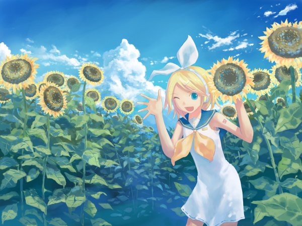 Anime picture 1200x900 with vocaloid kagamine rin isou nagi short hair blue eyes blonde hair sky cloud (clouds) one eye closed wink girl flower (flowers) ribbon (ribbons) sunflower