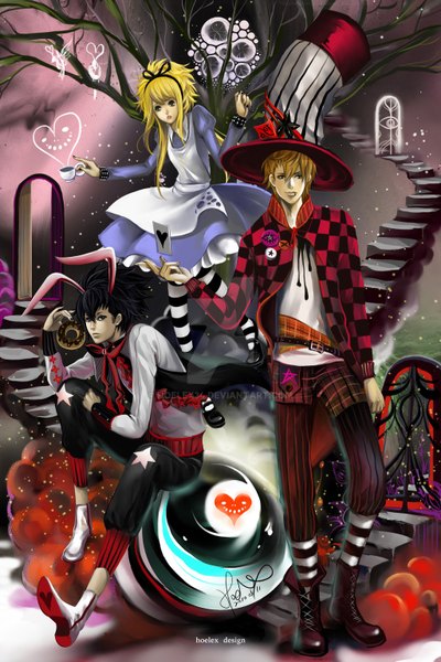 Anime picture 1024x1535 with alice in wonderland death note madhouse alice (wonderland) yagami light white rabbit l (death note) amane misa mad hatter hoelex (artist) long hair tall image looking at viewer short hair black hair blonde hair brown hair standing sitting holding