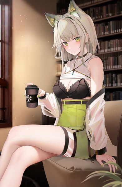 Anime picture 4232x6476 with arknights kal'tsit (arknights) ru zhai single tall image looking at viewer blush fringe highres short hair breasts light erotic large breasts sitting bare shoulders holding green eyes animal ears absurdres indoors