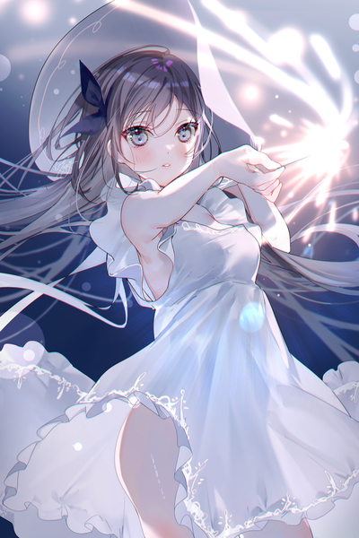 Anime picture 1090x1637 with original miwano rag single long hair tall image looking at viewer blush fringe hair between eyes brown hair standing holding outdoors parted lips arms up grey eyes sleeveless frilled dress anaglyph girl