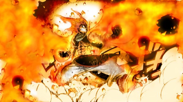 Anime picture 1920x1080 with fairy tail natsu dragneel single highres short hair wide image angry destruction blank eyes boy scarf fire