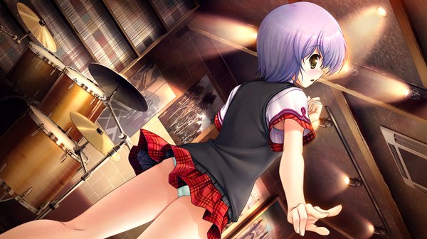 Anime picture 1280x720 with daitoshokan no hitsujikai misono senri bekkankou blush short hair light erotic wide image yellow eyes game cg purple hair pantyshot plaid skirt plaid girl skirt uniform school uniform cardigan searchlight poster