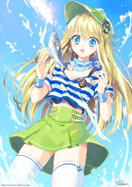 Anime picture 848x1200 with girlfriend (kari) chloe lemaire trianon single long hair tall image blush open mouth blue eyes blonde hair signed sky sparkle striped fishing girl thighhighs skirt miniskirt animal