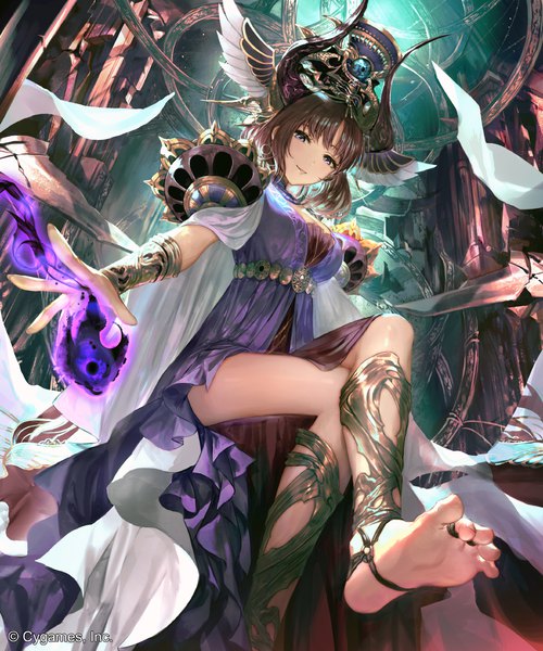 Anime picture 1050x1260 with shadowverse irua single tall image looking at viewer fringe short hair brown hair sitting purple eyes parted lips barefoot horn (horns) light smile official art from below crossed legs outstretched arm magic soles