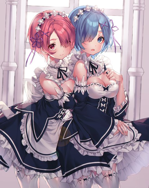 Anime picture 2000x2523 with re:zero kara hajimeru isekai seikatsu white fox rem (re:zero) ram (re:zero) kinty tall image looking at viewer blush fringe highres short hair breasts open mouth blue eyes smile red eyes standing multiple girls blue hair pink hair