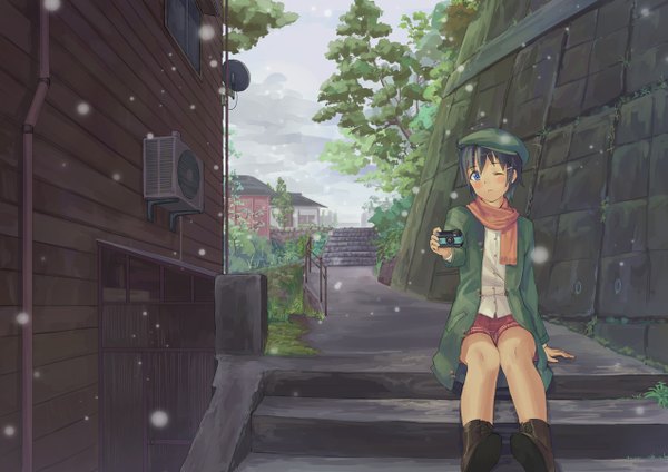 Anime picture 1273x900 with original eichisu blush short hair blue eyes black hair sitting one eye closed wink snowing girl hair ornament plant (plants) tree (trees) jacket shorts boots window scarf bobby pin