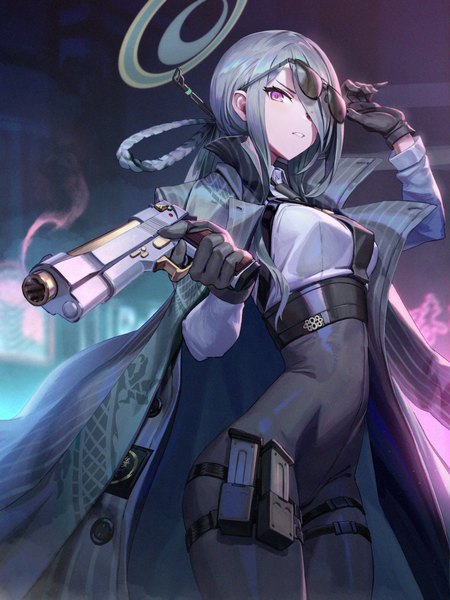 Anime picture 2048x2728 with blue archive mina (blue archive) gesoking06 single long hair tall image looking at viewer fringe highres purple eyes silver hair hair over one eye smoke arched back clothes on shoulders hair rings adjusting sunglasses girl gloves weapon