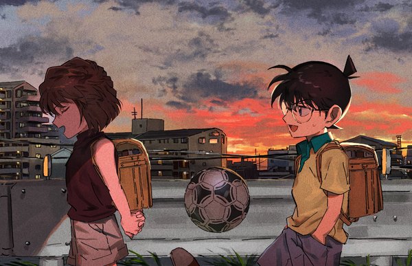 Anime picture 2419x1560 with detective conan edogawa conan haibara ai segami fringe highres short hair blue eyes hair between eyes brown hair bare shoulders looking away cloud (clouds) outdoors eyes closed profile short sleeves city evening hands behind back