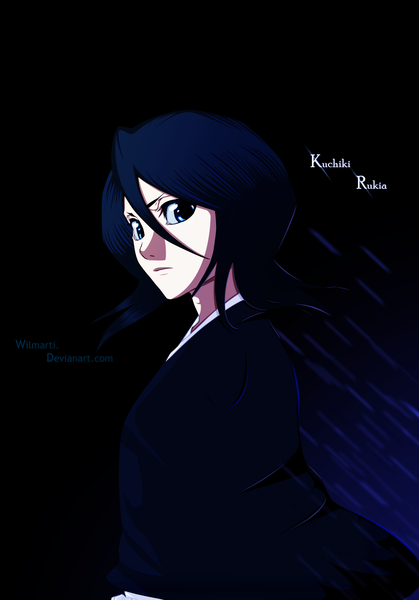 Anime picture 3500x5010 with bleach studio pierrot kuchiki rukia wilmarti single long hair tall image highres blue eyes black hair absurdres japanese clothes looking back inscription coloring girl kimono